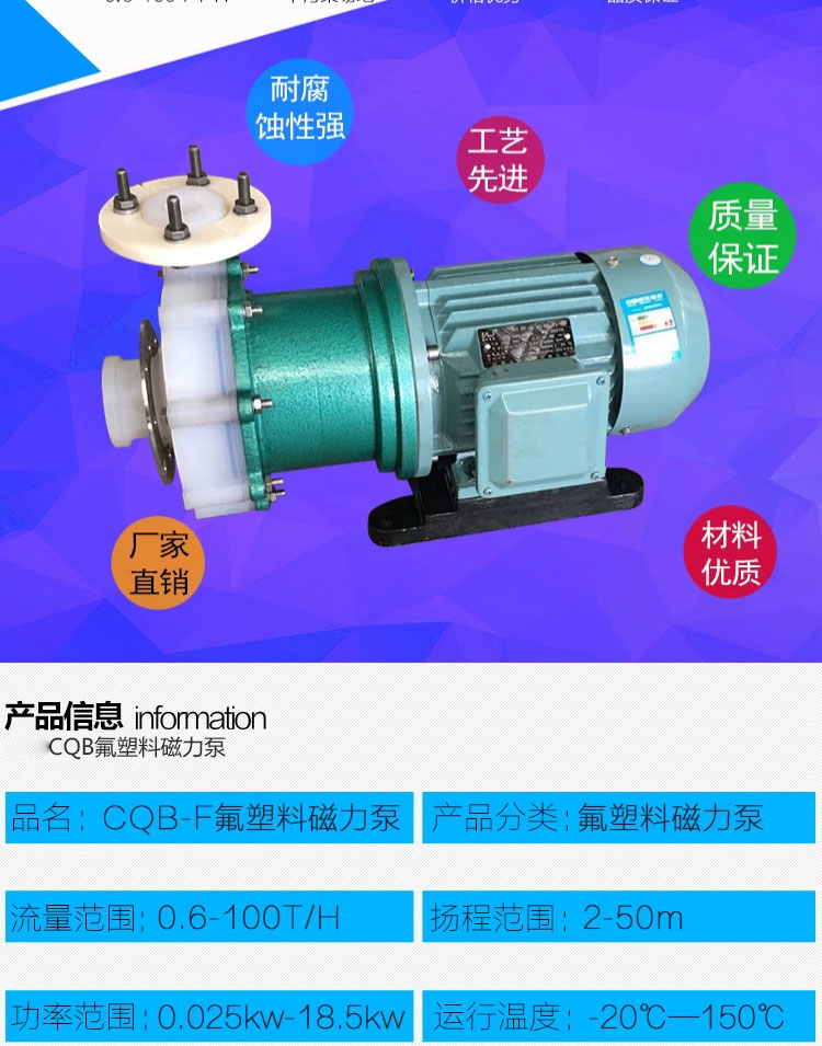 进口氟塑料磁力驱动泵CQBF全氟衬四氟型防腐蚀耐酸碱化工无泄漏循环泵(图2)