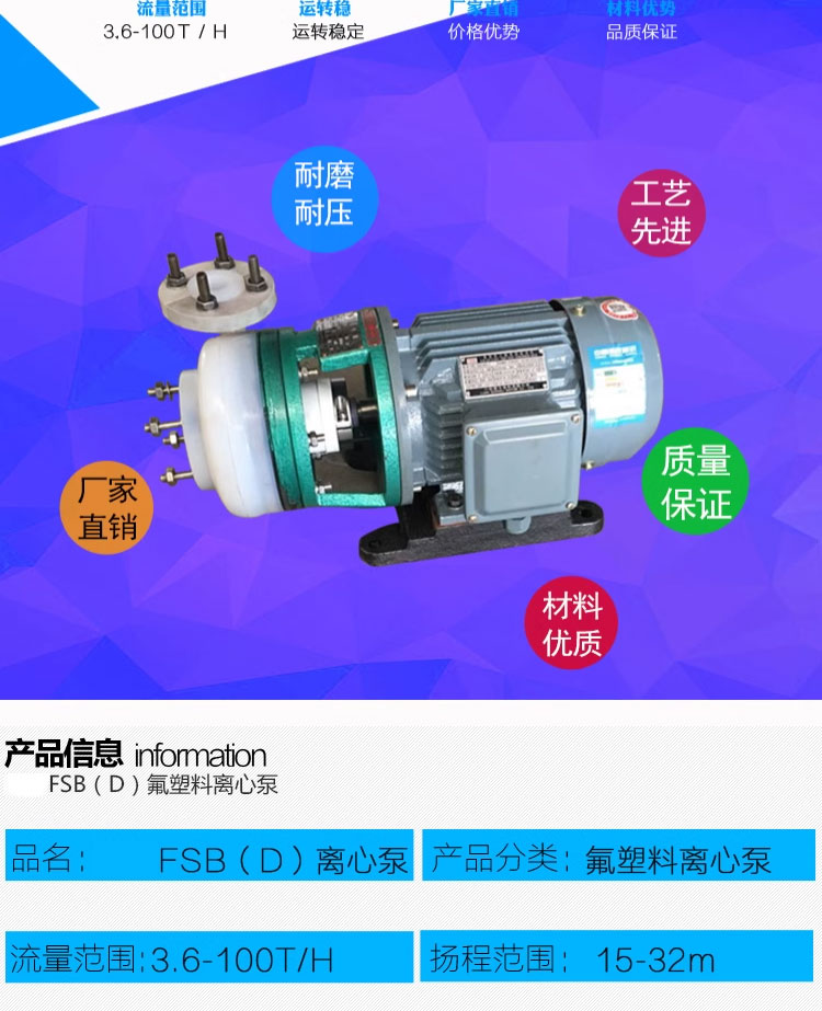 进口氟塑料合金离心泵FSB短支架直联型耐腐蚀防酸碱泵化工泵厂家直销(图2)