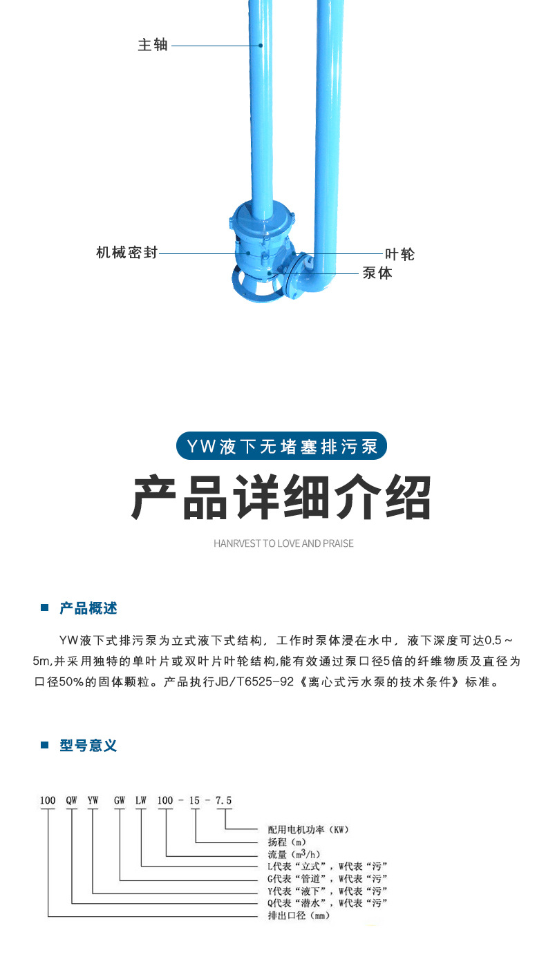 进口液下排污泵 立式液下污水提升泵 无阻塞YW液下式污水泵(图5)