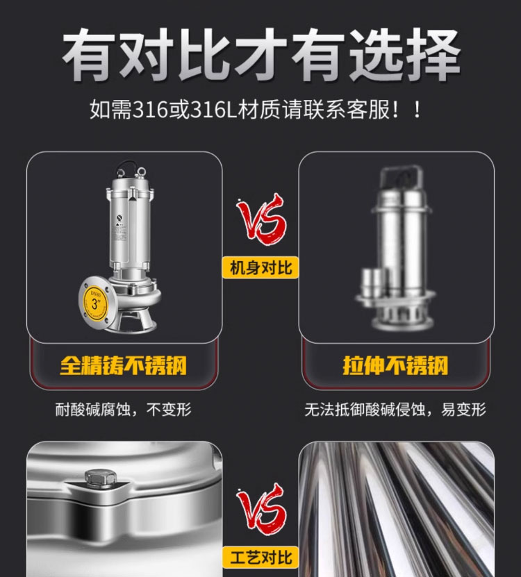 进口不锈钢污水泵380V316L耐酸碱防腐蚀无堵塞切割化工潜水排污泵(图4)