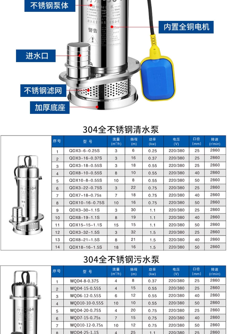 进口全不锈钢潜水泵切割污水泵220V耐腐蚀高扬程抽水机排污泵(图20)