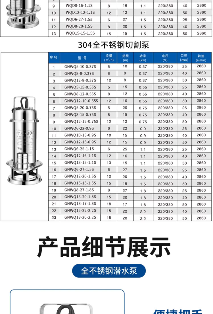 进口全不锈钢潜水泵切割污水泵220V耐腐蚀高扬程抽水机排污泵(图21)