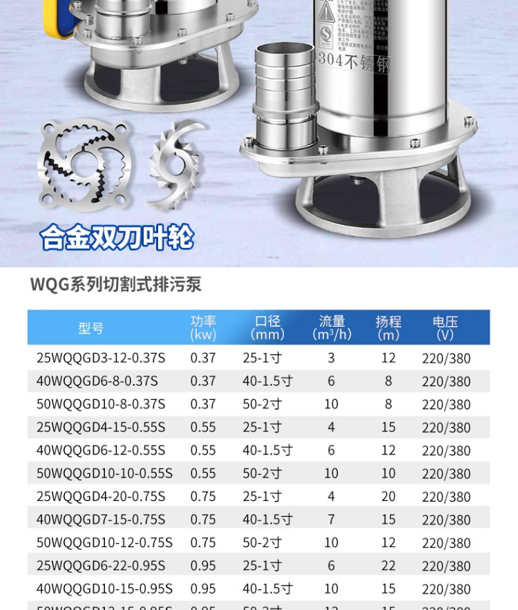 进口全不锈钢切割耐腐蚀化工泵潜水泵220V无堵塞污水泵(图2)