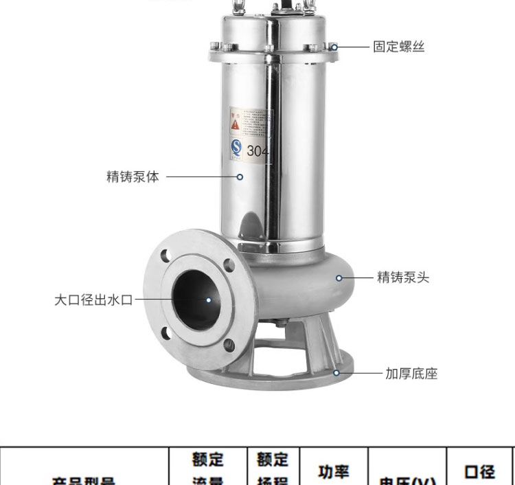 进口污水泵304全不锈钢污水泵防腐耐酸碱化工泵316切割无堵塞潜水泵(图19)