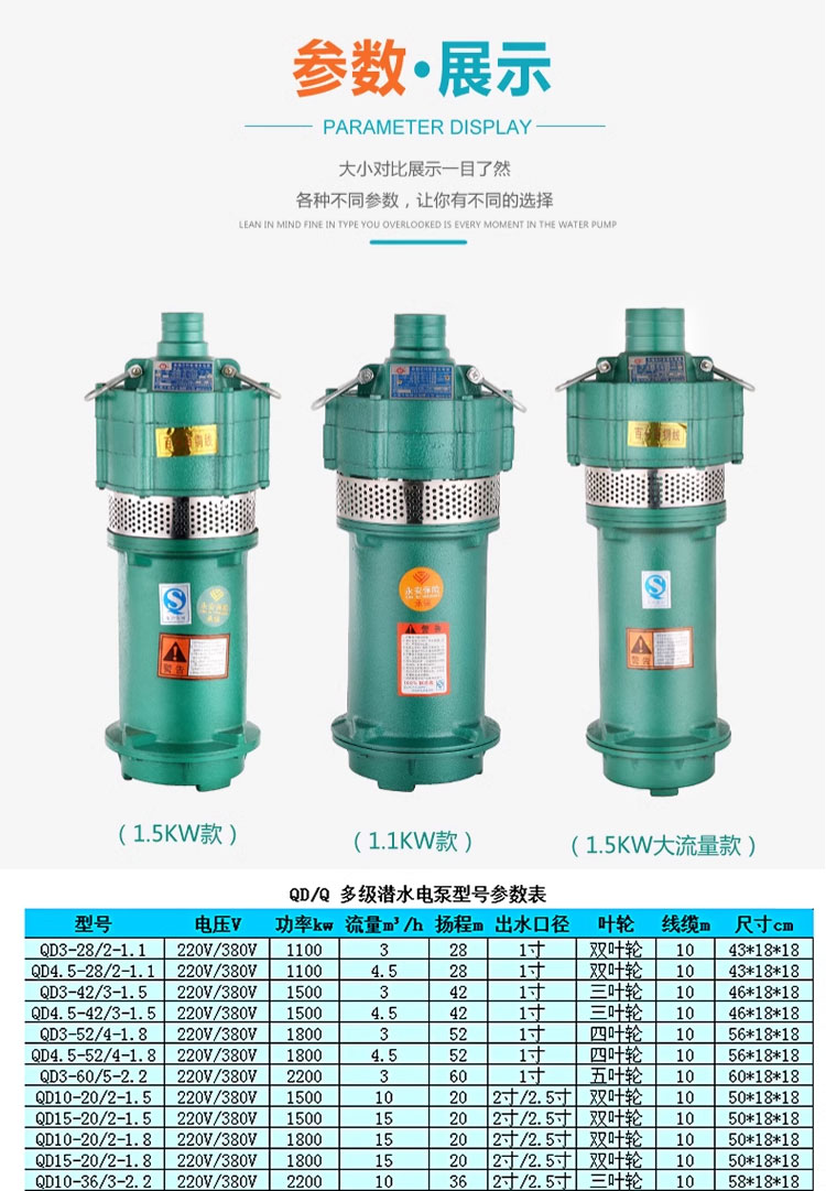 进口多级潜水泵220v高扬程家用抽水泵农用灌溉泵大流量高压深井抽水机(图9)