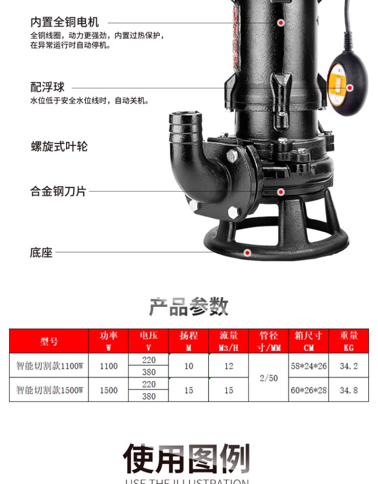 进口家用切割式污水泵抽粪泥浆排污泵220V抽水泵大流量农用潜水泵380V(图19)