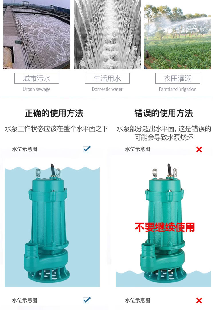 进口家用小型污水泵农用220V高扬程抽水泵化粪池工业无堵塞潜水排污泵(图5)