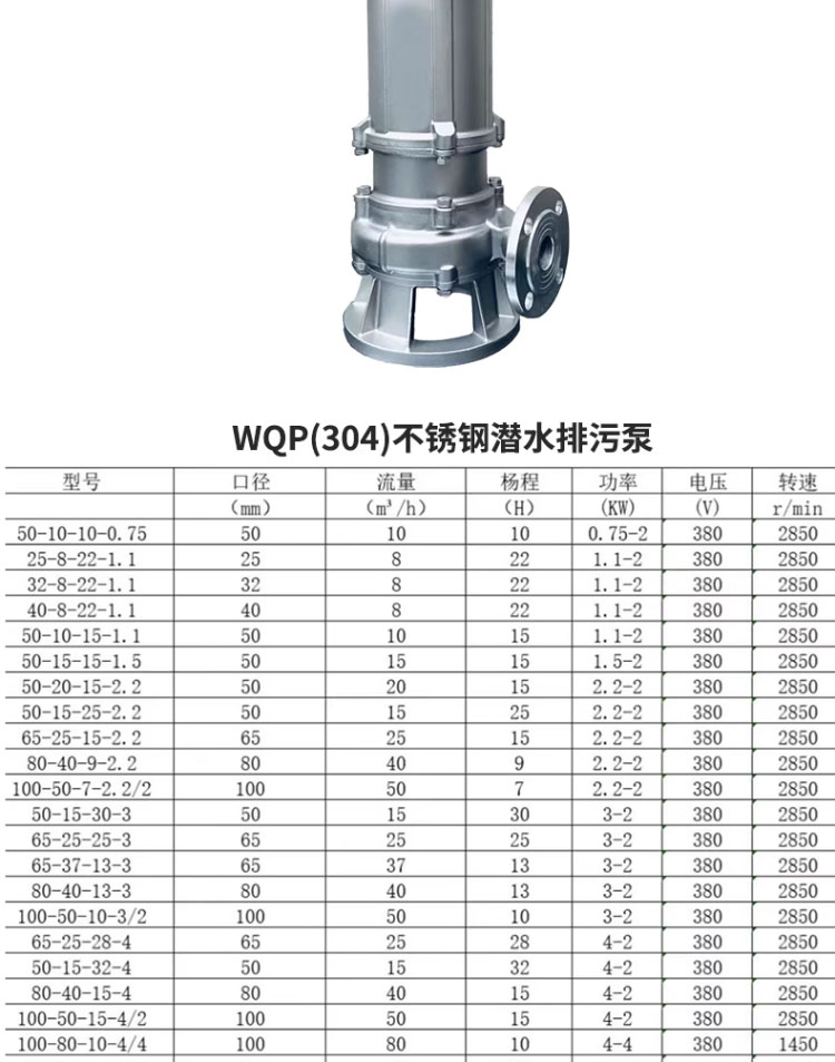 进口精铸304全不锈钢WQP排污泵化粪池泵耐腐蚀酸碱潜水泵无堵塞污水泵(图12)