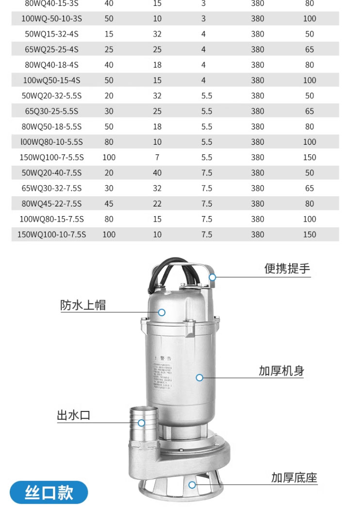 进口精铸304全不锈钢污水泵无堵塞耐腐蚀耐酸碱大流量化工泵380潜水泵(图13)