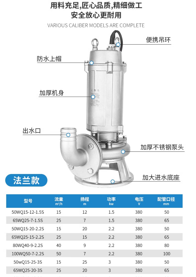 进口精铸304全不锈钢污水泵无堵塞耐腐蚀耐酸碱大流量化工泵380潜水泵(图12)