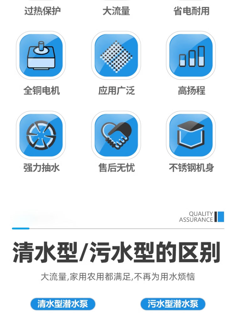 进口潜水泵220V小型不锈钢清水污水泵家用抽水泵农田灌溉高扬程排污泵(图3)