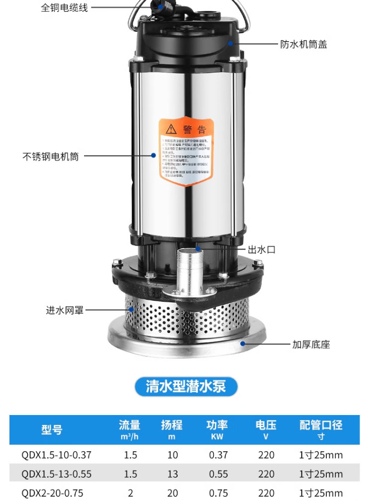 进口潜水泵220V小型不锈钢清水污水泵家用抽水泵农田灌溉高扬程排污泵(图15)