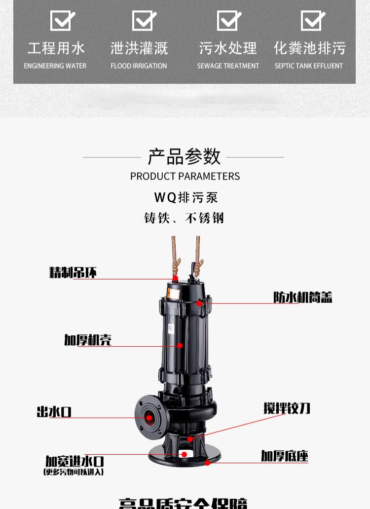 进口切割污水泵家用抽粪QW高扬程泥浆三相排污泵380V潜水泵(图2)