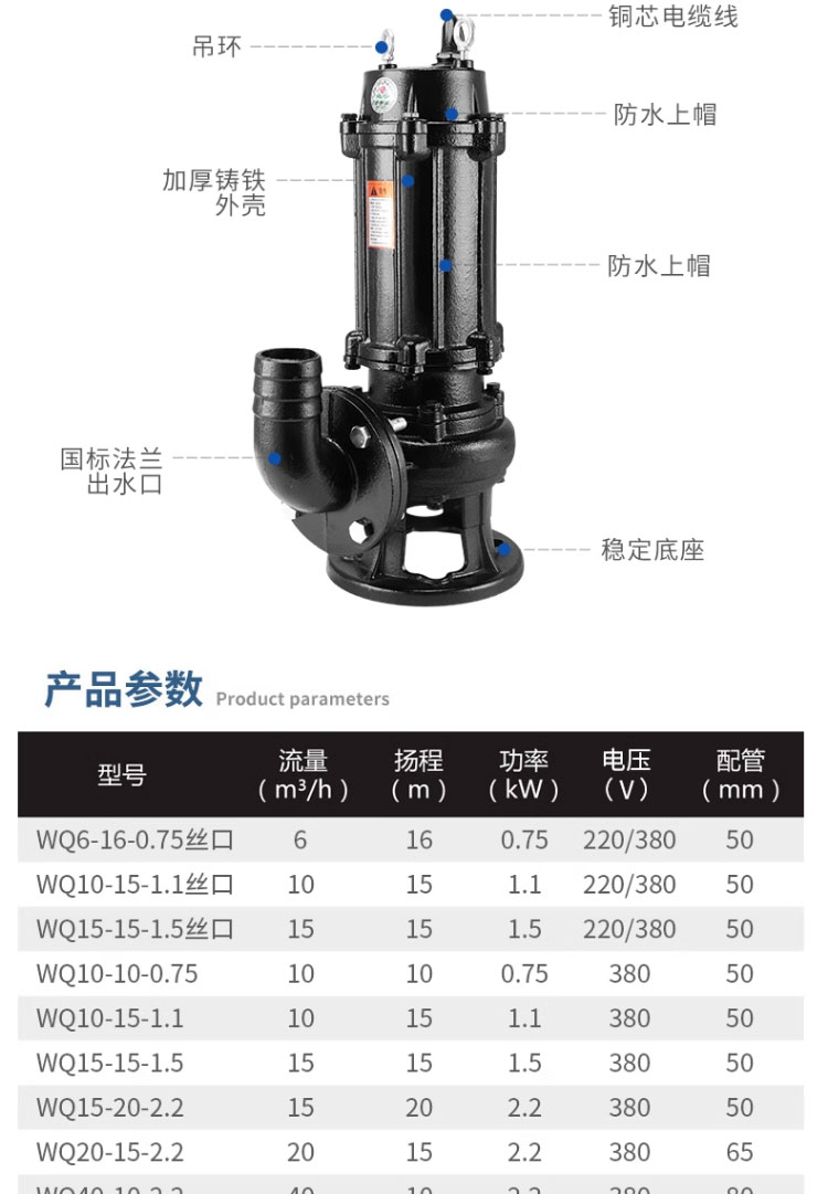 进口污水泵380V无堵塞工程排污泵抽粪泥浆集水井高扬程潜水泵(图15)