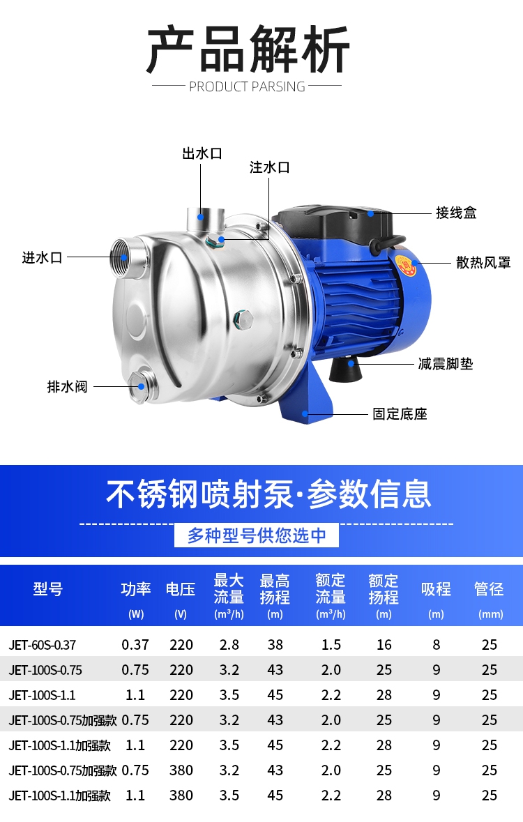 进口喷射泵增压泵园林井水提升高扬程静音家用泵环保不锈钢自吸泵(图11)