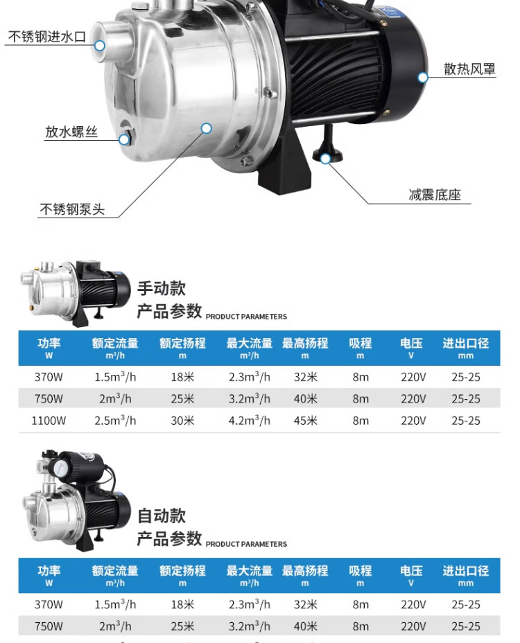 进口不锈钢自吸喷射泵全自动家用自来水增压泵水井抽水泵220v静音吸水(图18)